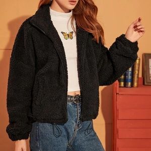 solid drawstring hem zip up teddy jacket